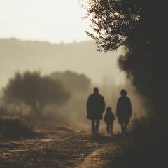 Silhouettes of two adults and a child walking down a misty, rural path surrounded by trees at dawn or dusk.