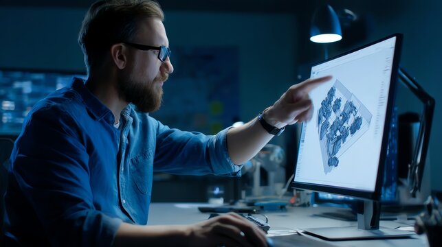 A man with glasses works late at night analyzing a detailed 3D architectural model on his computer screen in a dimly lit office.