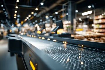 Fototapeta premium Checkout lane in a modern supermarket, with a conveyor belt ready for shopping.