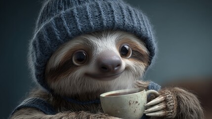 Fototapeta premium Adorable 3D Sloth Wearing Knit Hat Holding a Warm Coffee Mug