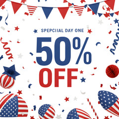 Obraz premium Patriotic Celebration with Red White and Blue Decorations for a 50 Off Special Day.