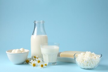 Fresh dairy products and chamomile flowers on light blue background