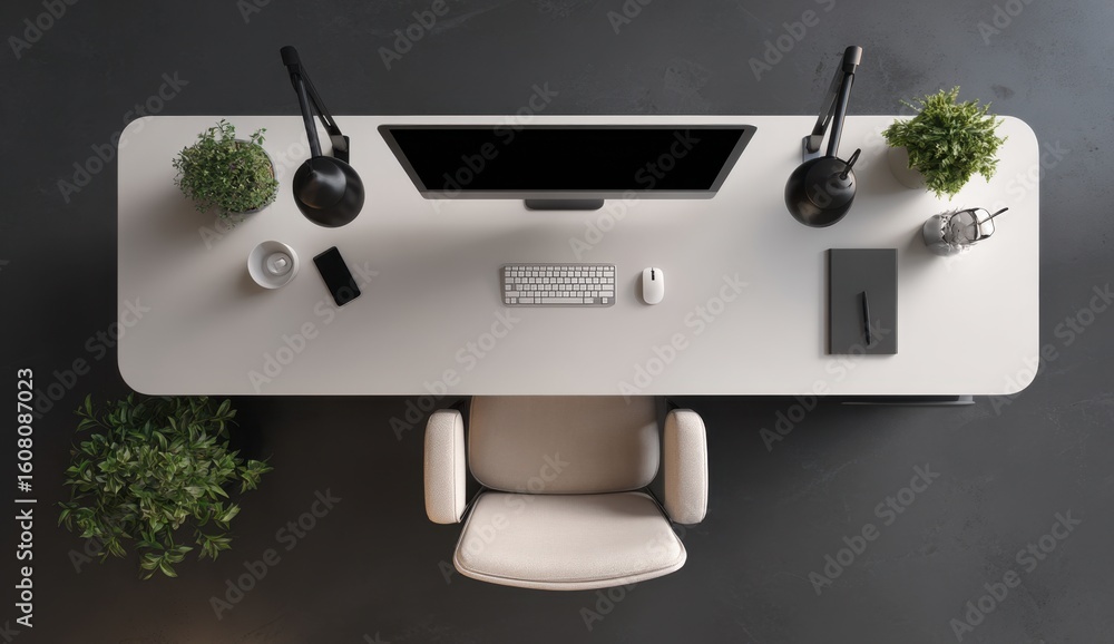 Poster a modern workspace featuring a clean desk setup with a computer, keyboard, and plants, creating a pr
