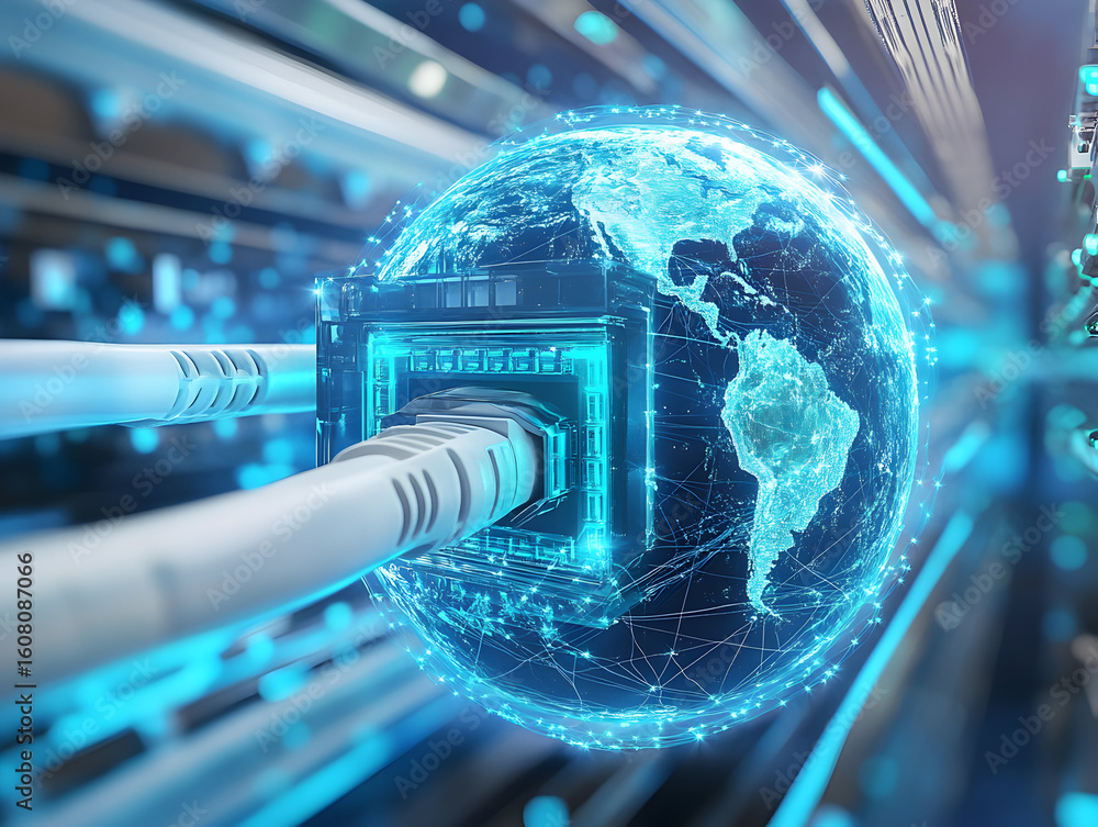 Poster global network connection visualized as a fiber optic cable plugging into a glowing digital earth.