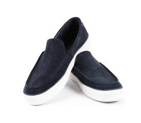 Pair of stylish dark blue shoes on white background