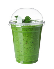 green smoothie in transparent cup on white background png