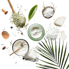 Top-down view of assorted natural beauty products.  Creams, powder, salt, coconut pieces, and leaves arranged on black background.  Wooden spoons and containers