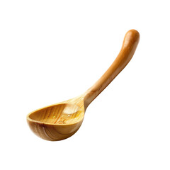 Wooden ladle with a curved handle.  Light-colored wood, likely olive wood.  Liquid inside the bowl.  Studio shot