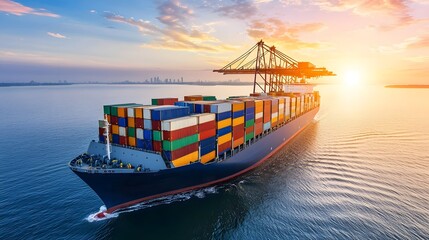 A container ship transporting cargo at a bustling port under a vibrant sunset long title A massive container ship laden with colorful cargo