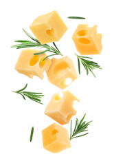 Cheese cubes and rosemary falling against white background