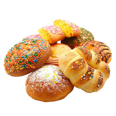 Assorted baked goods, pastries, and breads in a cluster.  Various shapes, sizes, and toppings including sprinkles, icing, and swirls.  Image is brightly lit and isolated on black background
