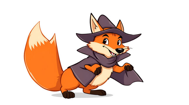 A clever cartoon fox dressed as a trickster from a fairy tale on a white background.
