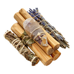 Stacked bundles of natural wooden items, likely for spiritual practices.  Dried herbs, crystals, and twigs bound together