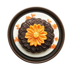 Beautifully Decorated Floral Cake with Orange and Brown Icing on Elegant Plate on transparent background