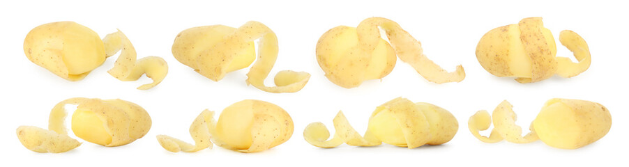 Fresh potatoes with peels isolated on white, set