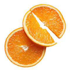 Close-up of two orange slices, overlapping.  One slice is bisected, creating a visual design element