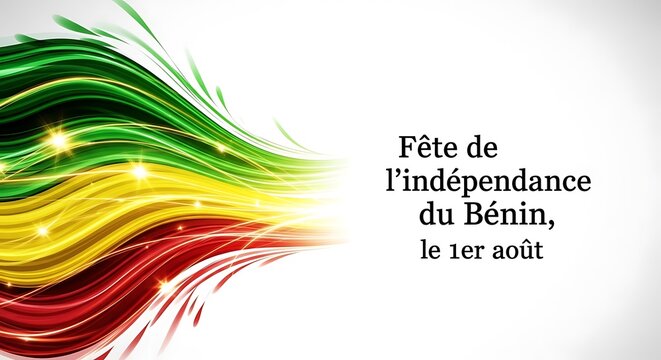 Celebratory Benin Independence Day on August 1st with a waving national flag and sparkling lights on a festive background.