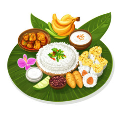 Colorful Vietnamese Rice Dish with Bananas, Spring Rolls, and Sauces on a Leafy Platter on transparent background