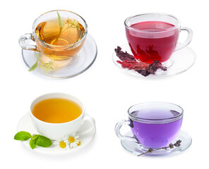 Flower teas in glass cups isolated on white, set