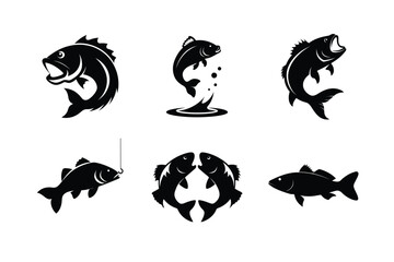 Collection of six dynamic black fish silhouettes in various poses and styles