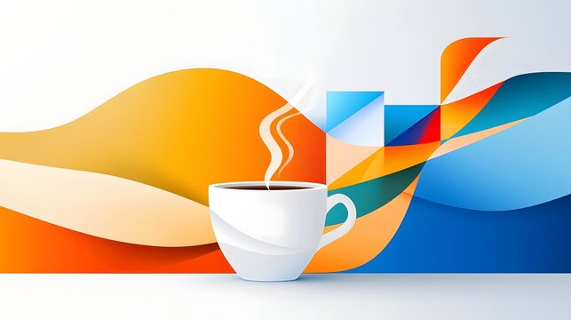Abstract cubist of a faceted coffee cup against a stylized landscape