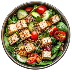 Fresh Tofu Salad with Spinach, Cherry Tomatoes, and Cucumbers in a Rustic Bowl on transparent background