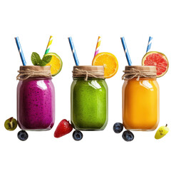 Colorful Fruit Smoothies in Jars with Fresh Ingredients and Straws, Perfect for a Healthy Refreshment on transparent background