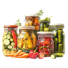 Colorful Jars of Pickled Vegetables with Fresh Produce on a Rustic Table on transparent background