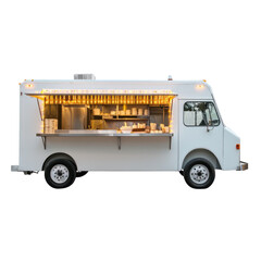 White Food Truck with Open Window Serving Fresh Cuisine in a Vibrant Urban Setting on transparent background