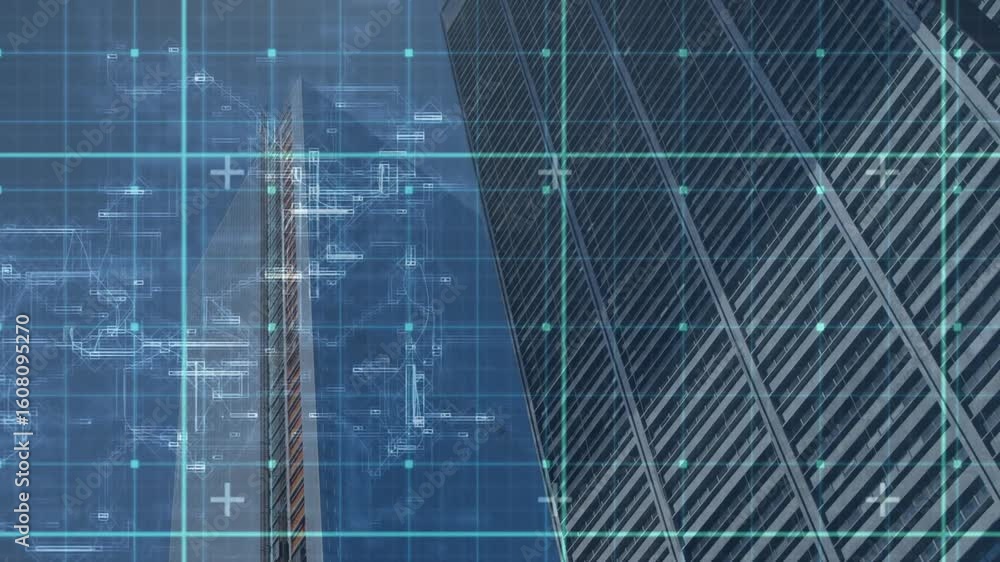 Poster low-angle view starting grid animating over right skyscraper facade pulsing data nodes for analysis
