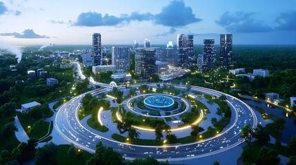 Aerial view of a modern smart city with integrated features
