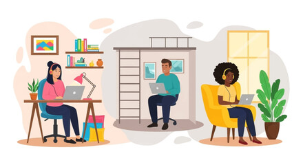 Diverse group of people working remotely from home, perfect for illustrating work-from-home concepts on websites or brochures.