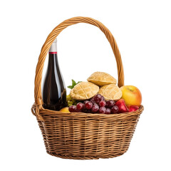 A beautifully arranged picnic basket with red wine, fresh fruits, and pastries, perfect for outdoor gatherings or celebrations. on transparent background