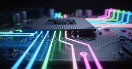 Dynamic macro view of glowing circuit board with vibrant neon lights pulsing through intricate pathways, showcasing advanced technology and digital innovation in a futuristic setting. - Powered by Adobe
