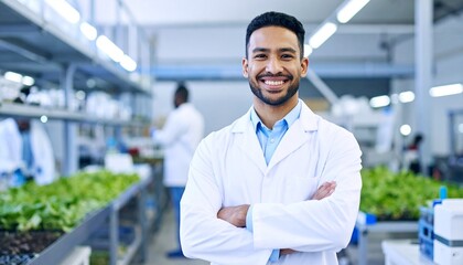 Smiling scientist in a lab coat stands with arms crossed in a laboratory with plants and colleagues.