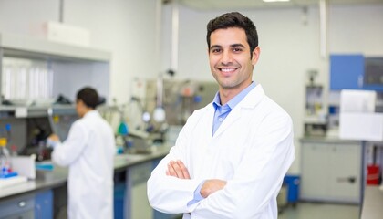 Fototapeta premium Smiling scientist in a laboratory, arms crossed, colleagues in the background.