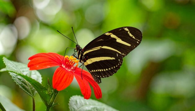 Zebra Longwing Butterfly on Red Flower
