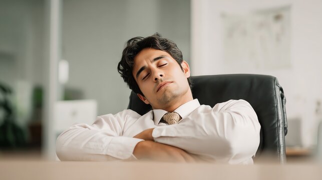 A man in business attire is sleeping or resting in a chair with his arms crossed in a professional office setting.