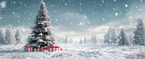 A snow-covered Christmas tree stands adorned with ornaments and gifts in a serene winter landscape under a gentle snowfall.