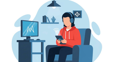 Person relaxing at home using tablet and headphones, perfect for blog posts about remote work or home entertainment.