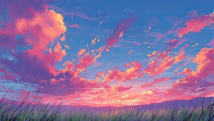 A vibrant sunset sky over a field of grass
