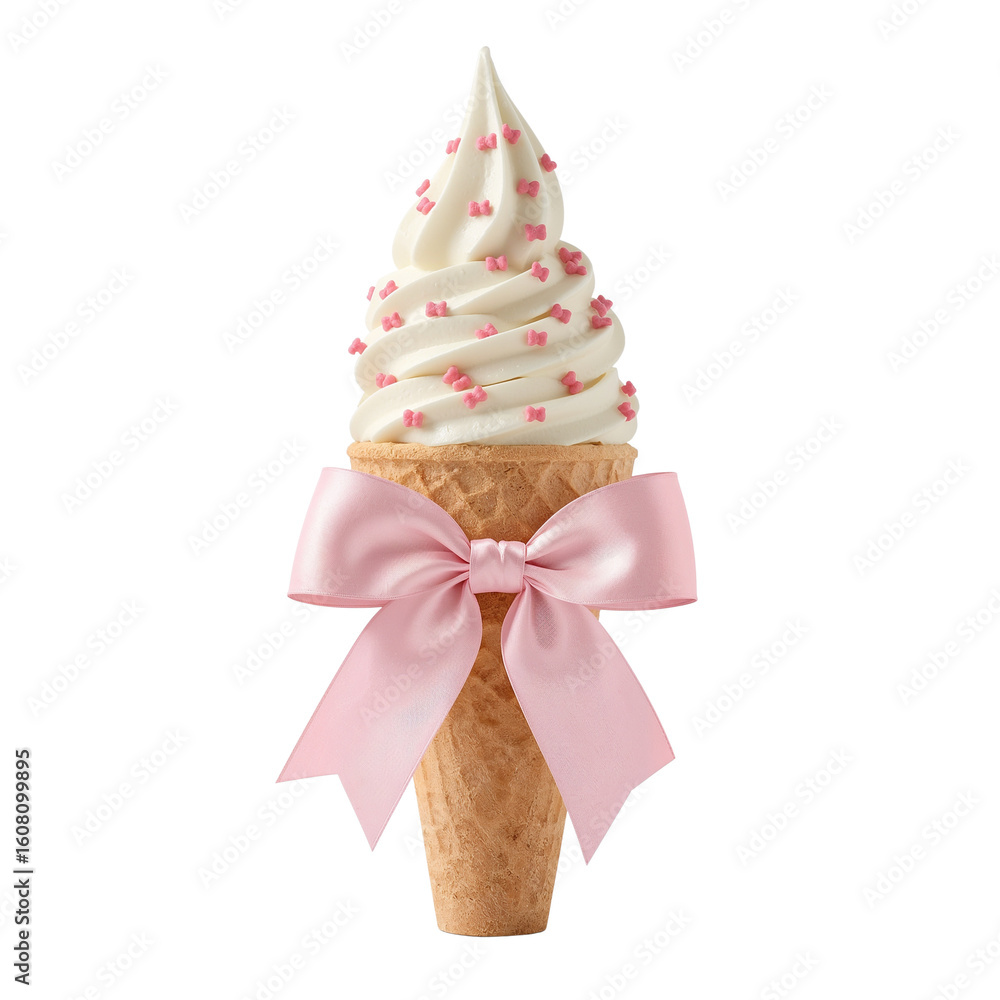 Poster elegant soft serve ice cream cone adorned with a charming pink bow on a clean studio setting