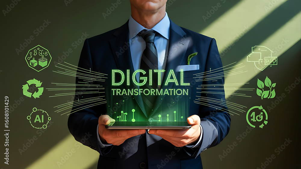 Poster businessman holding a tablet displaying digital transformation with glowing icons representing techn