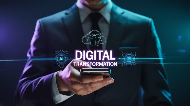 Businessman holding a smartphone displaying digital transformation and cloud computing technology with abstract futuristic elements