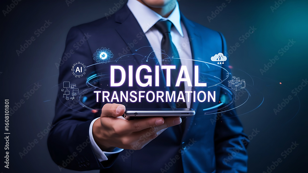 Poster businessman holding a smartphone displaying digital transformation with glowing network connections 