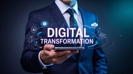 Businessman holding a smartphone displaying digital transformation with glowing network connections and abstract technology elements
