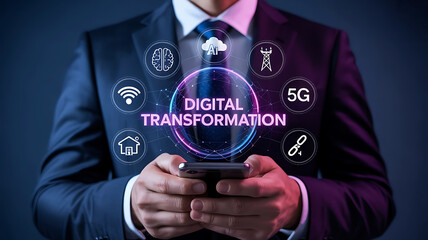 Businessman holding smartphone with digital transformation concept and technology icons surrounding him