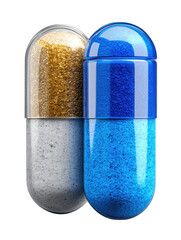 Two realistic medicine capsules blue and white on transparent background

