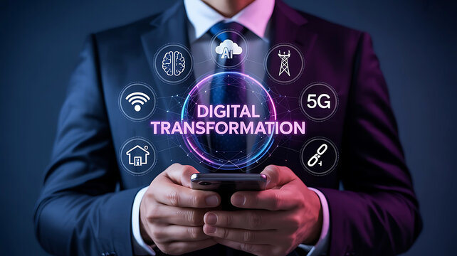 Businessman holding smartphone with digital transformation concept and technology icons surrounding him