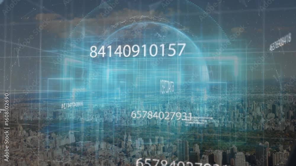 Poster globe appearing above city starting codes rotating and merging with regions glowing showing network